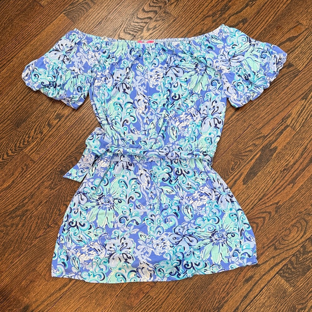 Lilly Pulitzer Off-Shoulder Romper in Blue and Green